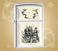 ZIPPO Scrimshaw ship high polish crome